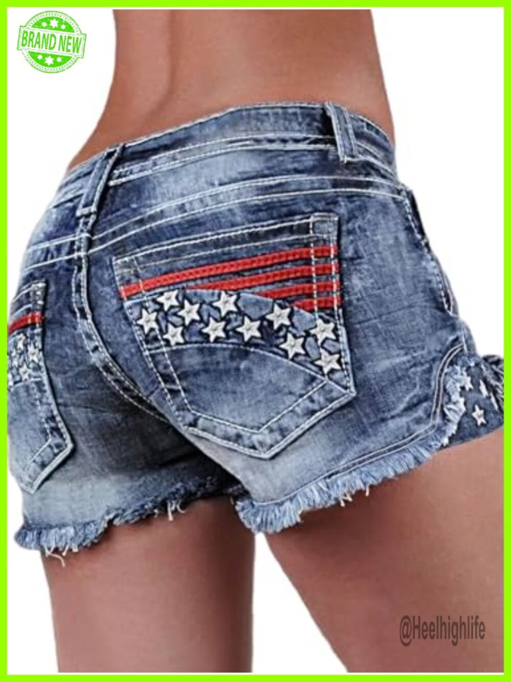 High Waisted Frayed Hem Star Striped Bodycon Denim Shorts